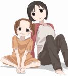  2girls absurdres barefoot black_hair black_pants blush brown_eyes brown_hair butterfly_sitting commentary full_body highres ichigo_mashimaro itou_nobue long_shirt matsuoka_miu multiple_girls orange_shirt pants shirt short_hair short_twintails shuku_ida_matsuri sitting smile tareme twintails untranslatable_commentary white_background white_shirt 