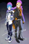  2boys armor axel_syrios axel_syrios_(1st_costume) belt black_gloves black_jacket black_pants black_shirt black_shoes blonde_hair blue_hair braid chain commentary drop_shadow full_body gloves green_eyes highres holostars holostars_english hood hoodie jacket layered_sleeves long_sleeves male_focus multicolored_hair multiple_boys orange_gloves pants red_hair red_streaks regis_altare shirt shoes short_hair short_over_long_sleeves short_sleeves shoulder_armor side_braid single_braid streaked_hair virtual_youtuber white_belt white_hoodie white_shoes zeroperpect 
