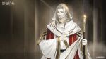  1boy beard black_beacon blue_eyes copyright_name copyright_notice facial_hair grey_hair highres holding holding_staff hood hood_up hooded_robe logo long_hair looking_at_viewer male_focus official_art official_wallpaper old old_man pillar robe solo staff upper_body white_robe 