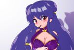  1girl blush bow breasts china_dress chinese_clothes cleavage cleavage_cutout clothing_cutout commentary_request dragon_print dress floral_print food hair_bow highres korean_commentary large_breasts long_hair looking_at_viewer mugen5657 pocky purple_hair ranma_1/2 red_eyes shampoo_(ranma_1/2) sidelocks simple_background yellow_bow 