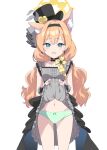  1girl absurdres animal_ear_fluff animal_ears ass_visible_through_thighs black_dress black_hairband black_hat blue_archive blue_eyes bow bow_panties cat_ears center_frills clothes_lift commentary_request dress dress_lift flower frills green_panties groin hair_between_eyes hairband halo hat hat_flower highres lifting_own_clothes long_hair looking_at_viewer mari_(blue_archive) mari_(idol)_(blue_archive) navel open_mouth orange_hair panties rose ryoji_minato simple_background solo tilted_headwear top_hat underwear very_long_hair white_background yellow_flower yellow_rose 