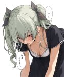  1girl anchovy_(girls_und_panzer) black_dress black_ribbon bra breasts cleavage collarbone commentary_request dress elf_(stroll_in_the_woods) girls_und_panzer green_hair hair_ribbon highres looking_at_viewer medium_breasts red_eyes ribbon simple_background solo speech_bubble twintails underwear white_background white_bra 