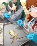  2boys 2girls absurdres apron asui_tsuyu at_knifepoint bakugou_katsuki black_eyes blue_gloves blurry blurry_background blush_stickers boku_no_hero_academia brown_eyes brown_hair closed_mouth commentary dissection eating english_commentary frog gloves goggles goggles_on_head green_hair grey_jacket highres holding holding_scalpel indoors jacket khyle. long_hair looking_at_another midoriya_izuku multiple_boys multiple_girls necktie red_necktie safety_glasses scalpel school_uniform see-through_apron see-through_clothes short_hair tears u.a._school_uniform uraraka_ochaco 