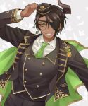  1boy aragami_oga black_hat black_jacket black_vest brown_hair buttons cape collared_shirt commentary_request dark-skinned_male dark_skin demon_horns double-breasted earrings eyepatch garrison_cap gold_trim green_cape green_eyes green_necktie grey_background grin hat highres holostars holostars_idol_uniform_(2nd_act) horns jacket jewelry male_focus mioto_(tsubsq_m) necktie official_alternate_costume sharp_teeth shirt single_earring single_horn smile solo teeth upper_body vest virtual_youtuber white_shirt 