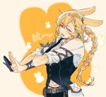  1girl animal_ears arknights belt black_gloves black_jacket black_pants blonde_hair blush braid braided_ponytail chinese_commentary closed_eyes commentary_request cowboy_shot enrin_0526 gloves highres jacket kroos_(arknights) kroos_the_keen_glint_(arknights) midriff_peek outstretched_arms pants rabbit_ears shirt simple_background single_glove sleeveless sleeveless_jacket sleeves_rolled_up solo stretching teeth white_shirt yawning yellow_background 