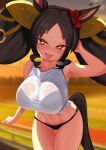  +_+ 1girl absurdres animal_ears arm_behind_head arm_up armpits black_bra black_hair black_panties black_tail blurry blurry_background blush borrowed_clothes bra bra_visible_through_clothes breasts colored_inner_animal_ears cowboy_shot evening hair_ornament highres horse_ears horse_girl horse_tail large_breasts long_hair looking_at_viewer marvelous_sunday_(umamusume) navel open_mouth outdoors panties red_eyes see-through_clothes see-through_shirt shirt shortstack sleeveless sleeveless_shirt smile solo sparkling_eyes sweat symbol-shaped_pupils tail textless_version thigh_gap thighs tongue tongue_out twintails umamusume underwear white_shirt zarkua_exe 
