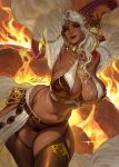  1girl aleriia_v artist_name belt bodypaint breasts brown_thighhighs commentary cowboy_shot curled_horns curvy dark-skinned_female dark_skin detached_sleeves facepaint genevieve_gallaway_(jakebards) highres horn_ornament horns huge_breasts jewelry long_hair long_sleeves navel original patreon_username purple_horns sling_bikini_top thick_thighs thighhighs thighs white_hair yellow_eyes 