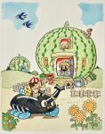  1930s_(style) 1boy 1girl absurdres animal baseball_cap beetle bird black_eyes black_shirt blonde_hair blue_bird blue_bow blue_shorts border bow brown_dog brown_hair bug building bush cat cloud commentary day dog doghouse door flower food fruit hair_bow hat highres holding holding_reins holding_swim_ring house innertube katsukawa_katsushi looking_at_another mailbox_(incoming_mail) melon official_art open_door open_mouth open_window original outdoors oversized_animal painting_(medium) pig ponytail red_hat red_shorts reins rhinoceros_beetle riding riding_animal shirt shorts smile stairs striped_clothes striped_headwear sunflower suspender_shorts suspenders swim_ring traditional_media vertical-striped_clothes vertical-striped_headwear watercolor_(medium) waving white_border white_shirt window yellow_cat yellow_flower 