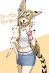  1girl :d ;d absurdres animal_ear_fluff animal_ears belt black_hair blonde_hair blue_shorts brown_eyes cat_ears cat_girl cat_tail choker collarbone crop_top earrings fangs fingernails gegegekman gyaru gyaru_v hair_ornament hairclip heart heart_choker highres hoop_earrings jewelry long_fingernails long_hair looking_at_viewer lower_teeth_only midriff mole mole_on_neck mole_under_eye mole_under_mouth multicolored_hair multiple_earrings multiple_rings nail_art one_eye_closed original pink_nails ring scrunchie serval serval_gf_(gegegekman) shirt short_sleeves shorts sidelocks smile star-shaped_buckle star_(symbol) star_hair_ornament stomach stud_earrings t-shirt tail teeth translation_request v waving white_belt white_shirt wrist_scrunchie wristband 