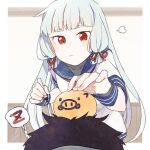  1boy 1girl admiral_(kancolle) ark_kan black_hair blue_hair blue_sailor_collar blunt_bangs blush chinese_zodiac closed_mouth commentary_request doodled_object dress hair_ribbon holding holding_marker kantai_collection long_hair marker murakumo_(kancolle) neckerchief puff_of_air red_eyes red_hair red_neckerchief red_ribbon ribbon sailor_collar sailor_dress short_sleeves sidelocks solo_focus spoken_zzz tress_ribbon very_long_hair year_of_the_pig zzz 