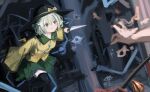  2girls absurdres black_hat black_thighhighs bow buttons closed_mouth collared_shirt commentary_request crystal crystal_wings diamond_button disembodied_linked_eye eyeball flandre_scarlet forest frilled_shirt_collar frilled_sleeves frills green_eyes green_hair green_skirt hat hat_bow highres holding holding_knife knife komeiji_koishi long_sleeves multiple_girls nature outdoors shirt skirt smile solo_focus thighhighs touhou tree vanilla_flan wide_sleeves wings yellow_bow yellow_shirt 