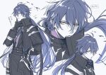  1boy arm_behind_back arm_up beko_beko1223 black_capelet black_coat blue_hair capelet closed_mouth coat commentary_request cropped_shoulders double-parted_bangs flins_(genshin_impact) floating_hair genshin_impact highres long_hair looking_to_the_side male_focus parted_lips sideways_glance sleeve_cuffs smile translation_request twitter_username very_long_hair yellow_eyes 