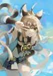 1girl :3 ;3 absurdres ahoge animal_ear_fluff animal_ears armpits bare_shoulders black_sailor_collar black_shorts blue_sky brown_hair closed_mouth cloud commentary day genshin_impact green_eyes hand_on_own_hip highres horizon juine kirara_(genshin_impact) leaning_forward long_hair long_sleeves looking_at_viewer multiple_tails navel ocean one_eye_closed outdoors ponytail sailor_collar short_shorts shorts sky solo tail two_tails v v_over_eye very_long_hair water 