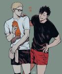  2boys arm_up black-framed_eyewear black_hair black_shirt black_shorts bottle cheek_poking closed_mouth commentary_request crew_neck dam_(okdam3) frown glasses green_background haikyuu!! hand_on_own_hip highres holding holding_bottle holding_towel kuroo_tetsurou looking_to_the_side male_focus multiple_boys parted_lips poking rectangular_eyewear red_shorts shirt short_hair short_sleeves shorts sideways_glance simple_background smirk spiked_hair standing towel translation_request tsukishima_kei water_bottle white_shirt 