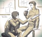  2boys aeug age_difference argama astonaige_medoz chair commentary_request drink drinking gundam highres holding holding_tablet_pc jumpsuit kamille_bidan military_uniform multiple_boys oliolio partially_colored scene_reference screen sitting tablet_pc talking translation_request zeta_gundam 