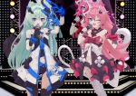  2girls :d ;d absurdres asymmetrical_gloves bare_shoulders black_dress black_gloves black_shoes blue_eyes blue_gloves commentary_request dress erio_dazima fang finger_heart garter_straps gloves green_hair hair_between_eyes hair_intakes highres holding holding_microphone honkai_(series) honkai_impact_3rd liliya_olenyeva long_hair looking_at_viewer microphone mismatched_gloves multiple_girls navel one_eye_closed pink_hair rozaliya_olenyeva shoes short_eyebrows siblings sisters smile standing standing_on_one_leg tail thick_eyebrows thighhighs twins very_long_hair w white_dress white_gloves white_thighhighs 