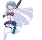  1girl :d ;d armpits blue_boots blue_dress blue_eyes blue_hair blue_sleeves blush boots cape commentary_request detached_sleeves dress foot_out_of_frame fortissimo gloves hair_ornament highres looking_at_viewer magical_girl mahou_shoujo_madoka_magica mahou_shoujo_madoka_magica_(anime) miki_sayaka miki_sayaka_(magical_girl) musical_note musical_note_hair_ornament one_eye_closed open_mouth pleated_dress ruru_(rurumagi) short_dress short_hair simple_background smile solo soul_gem standing standing_on_one_leg strapless strapless_dress thighhighs white_background white_cape white_gloves white_thighhighs zettai_ryouiki 