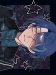  1boy aoba_tsumugi bright_me_up!!_(ensemble_stars!) closed_mouth collared_shirt commentary_request curtained_hair earrings ensemble_stars! glasses hair_over_one_eye highres jewelry looking_at_viewer male_focus notice_lines official_alternate_costume official_alternate_hairstyle one_eye_covered portrait shirt short_hair sideways smile solo star_(symbol) twitter_username une_(hdsm_zatta) yellow_eyes 