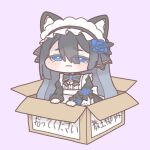 1girl animal_ears apron black_dress black_hair blanchet_(trickcal) blue_eyes blue_flower blue_rose box cardboard_box cat_ears chibi commentary_request dress flower frills long_hair looking_at_viewer maid_apron maid_headdress rabbit4loveyou rose simple_background solo tearing_up trickcal white_apron 