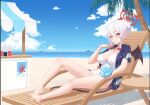  1girl bare_legs barefoot beach black_wings blue_archive bow breasts chair cleavage closed_mouth cloud commentary english_commentary food hair_bow halo haruna_(blue_archive) hawaiian_shirt large_breasts lounge_chair lounging necropoi ocean open_clothes open_shirt palm_tree pink_eyes red_bow second-party_source shadow shaved_ice shirt sky smile solo tree white_hair wings 