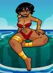  1girl absurdres anklet armlet barefoot bikini black_hair black_nails bracelet breasts cleavage dark-skinned_female dark_skin day earrings english_commentary full_body gold_anklet gold_armlet gold_bracelet gold_thighlet gooddraws highres jewelry large_breasts looking_at_viewer navel original outdoors pe'le_(gooddraws) red_bikini short_hair sitting smile solo spread_legs stomach strapless strapless_bikini swimsuit thick_thighs thighlet thighs water 
