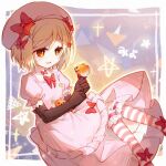  1girl beret black_gloves blonde_hair bow brown_eyes candy character_name commentary_request cosplay dress elbow_gloves food frilled_thighhighs frills gloves hair_bow halloween hat higurashi_no_naku_koro_ni hiragi_rin holding holding_candy holding_food jack-o'-lantern_ornament lambdadelta lambdadelta_(cosplay) open_mouth pink_dress pink_hat red_bow short_hair smile solo striped_clothes striped_thighhighs takano_miyo tanashi_miyoko thighhighs translated umineko_no_naku_koro_ni 