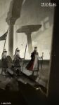  3boys absurdres army battle_standard black_beacon coat column crown flag from_side highres holding holding_polearm holding_shield holding_staff holding_weapon long_hair marching multiple_boys muted_colors pillar polearm ruins scenery shield soldier spear staff walking war_flag weapon white_coat 