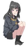  1girl :d absurdres black_hair black_sailor_collar black_skirt black_socks blush commentary_request full_body grey_eyes grey_shirt highres knees_up long_hair long_sleeves looking_at_viewer no_shoes original pleated_skirt ponytail puffy_long_sleeves puffy_sleeves ryoji_minato sailor_collar school_uniform serafuku shirt simple_background sitting skirt smile socks solo white_background 