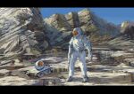  1other ambiguous_gender astronaut blue_sky commentary drone gun hammk helmet highres holding holding_gun holding_weapon letterboxed mountain original outdoors planet rifle sky solo space_helmet spacesuit standing unmanned_ground_vehicle untranslatable_commentary weapon 