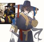  1boy bamboo-hatted_kim black_hanbok closed_mouth commentary english_commentary gat_(hat) hanbok hat hat_ribbon highres korean_clothes limbus_company long_hair long_sleeves looking_at_viewer low_ponytail ponytail project_moon puffy_long_sleeves puffy_sleeves red_sash ribbon sash smile solo sword tassel very_long_hair waffle_fish weapon yi_sang_(project_moon) 