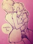  2girls absurdres aeug alternate_universe belt character_name commentary_request fa_yuiry gloves gundam highres hug long_hair military_uniform monochrome multiple_girls oliolio rosamia_badam science_fiction sketch vest yuri zeta_gundam 