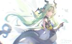  1girl absurdres arknights arknights:_endfield black_gloves blue_eyes bracelet bug butterfly chromatic_aberration closed_mouth commentary detached_sleeves dragon_girl dragon_horns dragon_tail dress feranmut_proxy_(arknights) gloves green_eyes green_hair highres horns jewelry long_hair looking_at_viewer maoerduo_meow multicolored_eyes pointy_ears signature simple_background sleeveless sleeveless_dress solo tail upper_body white_background white_dress 