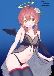  1girl :d alternate_costume angel_wings artist_name babydoll bare_arms bare_shoulders black_babydoll black_panties black_thighhighs black_wings blue_background blush bow bow_panties breasts broken_halo brown_eyes brown_hair cleavage collarbone commentary cowboy_shot double-parted_bangs fallen_angel feathered_wings flower front_slit gradient_background hair_between_eyes hair_flower hair_ornament halo highres large_breasts leaning_forward long_hair looking_at_viewer low_twintails murosaki_miyo navel onii-chan_wa_oshimai! open_mouth pa_panahana panties red_hair see-through_clothes simple_background smile solo stomach thighhighs twintails underwear white_flower wings yellow_halo 