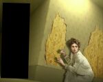  1girl backrooms_(creepypasta) black_eyes black_hair commentary crossover dress english_commentary grumfy hair_bun hallway highres indoors looking_to_the_side realistic redaction scared single_hair_bun solo squatting the_yellow_wallpaper trait_connection white_dress 