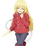  alternate_costume artist_request belt blonde_hair boots brown_belt chakram closed_eyes colette_brunel cosplay cowboy_shot facing_viewer finger_to_cheek game_asset grey_pants holding holding_chakram holding_weapon light_blush lloyd_irving lloyd_irving_(cosplay) long_hair official_art official_cosplay pants red_boots red_shirt shirt simple_background smile solo standing tales_of_(series) tales_of_card_evolve tales_of_symphonia third-party_source tongue tongue_out transparent_background walking weapon 