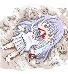  1girl :3 bottle commentary_request deformed empty_eyes full_body highres holding holding_bottle idolmaster idolmaster_shiny_colors jujutsu_kaisen ketchup ketchup_bottle long_hair lying munbato_(watari_megumi) on_back on_ground parody pleated_skirt purple_hair purple_shirt shirt skirt solo suzuki_hana sweater_vest turtleneck turtleneck_shirt white_skirt white_sweater_vest 