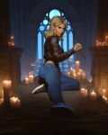  1girl absurdres black_jacket black_leotard black_shoes blonde_hair brown_eyes buffy_summers buffy_the_vampire_slayer candle clip_studio_paint_(medium) commentary commission cropped_jacket dalejomej denim english_commentary from_side full_body hand_tattoo highres holding holding_stake indoors jacket jeans leather leather_jacket leotard looking_at_viewer medium_hair outstretched_leg painterly pants parted_bangs realistic shoes signature stake tattoo tight_clothes tight_pants wide_shot window 