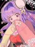  1girl absurdres bell black_background breasts cleavage commentary covering_own_mouth double_bun floral_print hair_bell hair_bun hair_ornament highres long_hair looking_at_viewer medium_breasts nibo_ume_katsu purple_eyes purple_hair ranma_1/2 shampoo_(ranma_1/2) sidelocks solo wide_sleeves 