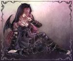  1girl alien_stage arm_warmers bandaged_arm bandaged_foot bandages black_arm_warmers black_bandages black_dress black_leg_warmers black_veil black_wings blood blood_on_chest blood_on_face breasts commentary demon_girl demon_horns demon_wings dress frieddog heart highres horns leg_warmers long_hair mizi_(alien_stage) official_alternate_costume parted_lips pink_hair sitting solo veil very_long_hair wings yellow_eyes 