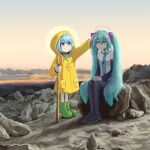  2girls aqua_eyes aqua_hair aqua_nails aqua_necktie bead_necklace beads black_sleeves blue_eyes blue_hair boots cane collared_shirt commentary conkageious cross cross_necklace detached_sleeves dirty_footwear east-west_crossover english_commentary green_boots hatsune_miku headpat headphones headset highres holding holding_cane jewelry jubilee_2025 long_hair luce_(jubilee_2025) multiple_girls necklace necktie raincoat rock rubber_boots shirt sky twintails very_long_hair vocaloid white_shirt yellow_aura yellow_raincoat 