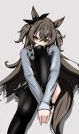  1girl alternate_color animal_ears black_dress black_thighhighs brown_eyes brown_hair commentary_request dress grey_shirt hair_between_eyes highres horse_ears horse_girl horse_tail knees_up long_hair long_sleeves mayano_top_gun_(casual)_(umamusume) mayano_top_gun_(umamusume) orange_eyes shirt sitting solo tail thighhighs tofu_thunder two_side_up umamusume 