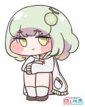  1girl bare_legs commentary_request food food-themed_hair_ornament fruit gradient_hair green_eyes green_hair hair_ornament highres jacket knees_up looking_at_viewer melon melon_hair_ornament meluna_(trickcal) multicolored_hair on_ground shirt shoes short_hair sitting smile socks solo suwa_yasai trickcal white_jacket white_socks yellow_shirt 