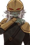  1boy aki_(xdd) armor bad_id bad_pixiv_id belt blush colored_skin green_skin helmet highres male_focus medium_hair open_mouth red_eyes sharp_teeth shoulder_armor simple_background slay_the_spire solid_eyes solo teeth the_ironclad_(slay_the_spire) upper_teeth_only white_background white_hair 