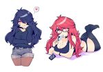  2girls ahoge antenna_hair ass belt black-framed_eyewear black_belt black_choker black_panties black_tank_top black_thighhighs blue_hair blue_shirt bracelet breasts brown_pantyhose cellphone character_request choker cleavage collarbone commentary cropped_legs denim denim_shorts feet_up food food_in_mouth glasses heart holding holding_food holding_popsicle jewelry large_breasts long_hair long_sleeves looking_to_the_side lying melting_popsicle mizzu_(mizzuiita) mizzuiita multiple_girls no_pants on_stomach original panties pantyhose phone popsicle popsicle_in_mouth rectangular_eyewear red_hair shirt short_hair shorts simple_background smartphone spanish_commentary speech_bubble sweat tank_top thighhighs underwear very_long_hair yellow_eyes 