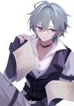  1boy ahoge belt belt_collar black_belt black_gloves buttons choker collar collarbone collared_shirt commentary earrings expressionless fingerless_gloves genshin_impact gloves green_hair hair_between_eyes hair_intakes highres holding holding_paper jewelry lapels lohen_(genshin_impact) lohen_(standardized_test)_(genshin_impact) looking_to_the_side male_focus mole mole_under_eye multicolored_eyes official_alternate_costume open_collar pants paper pinstripe_pattern pinstripe_vest shirt short_hair single_earring sitting solo thigh_strap untranslatable_commentary vest waistcoat white_background white_pants white_shirt 