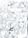  1girl adjusting_hair arm_rest backpack bag blowing_bubble_gum box chewing_gum collared_shirt commentary_request curtained_hair greyscale hand_on_own_arm hand_up hatching_(texture) head_rest highres jcjiro long_hair long_sleeves looking_ahead looking_at_viewer monochrome multiple_views nape necktie nose original parted_hair pleated_skirt school_uniform shirt shoes simple_background skirt sleeves_rolled_up socks sound_effects standing striped_clothes striped_necktie sweater unbuttoned_sleeves vertical-striped_clothes vertical-striped_necktie white_background 