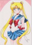  1girl absurdres back_bow bishoujo_senshi_sailor_moon blonde_hair blue_eyes blue_sailor_collar blue_skirt bow breasts chikoto_(kztc4472) choker circlet closed_mouth collarbone commentary cowboy_shot crescent crescent_choker crescent_earrings curtained_hair double_bun earrings elbow_gloves gem gloves gold_circlet hair_bun hair_ornament highres jewelry legs_together leotard lone_nape_hair long_hair looking_at_viewer magical_girl medium_breasts miniskirt parted_bangs photo_(medium) pleated_skirt red_bow red_choker red_gem red_trim sailor_collar sailor_moon sailor_senshi_uniform short_sleeves simple_background skirt solo split_mouth standing traditional_media transformation_brooch_(sailor_moon) tsukino_usagi twintails very_long_hair white_background white_gloves white_leotard 