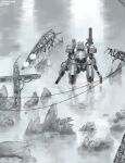  ammunition_belt facing_viewer glowing glowing_eyes highres holding holding_weapon mecha mecha_focus nensakha200 no_humans original robot rocket_launcher ruins wading walker_(robot) water weapon 
