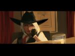  1girl ashe_(overwatch) black_gloves black_hat black_vest collared_shirt commentary cowboy cowboy_hat cup drinking_glass english_commentary fingerless_gloves gloves hat highres letterboxed looking_to_the_side medium_hair mole mole_beside_mouth necktie overwatch photo-referenced red_eyes red_lips red_necktie shirt solo uchiage_bakoom vest white_hair white_shirt 
