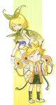  1boy 1girl :d absurdres antenna_hair belt black_bow black_shorts black_skirt black_socks blonde_hair blue_eyes blush bon_bon_eee boots bow brown_jacket cape chibi chibi_only commentary drop_shadow gradient_background green_background green_cape hair_bow hairband highres jacket kagamine_len kagamine_rin kneehighs magical_mirai_(vocaloid) magical_mirai_len magical_mirai_len_(2021) magical_mirai_rin magical_mirai_rin_(2021) medium_hair official_alternate_costume one_eye_closed open_clothes open_jacket open_mouth parted_bangs shirt shoes short_hair short_sleeves shorts sidelocks skirt smile socks striped_background teeth vocaloid white_background white_boots white_hairband white_shirt white_shoes yellow_background yellow_belt 